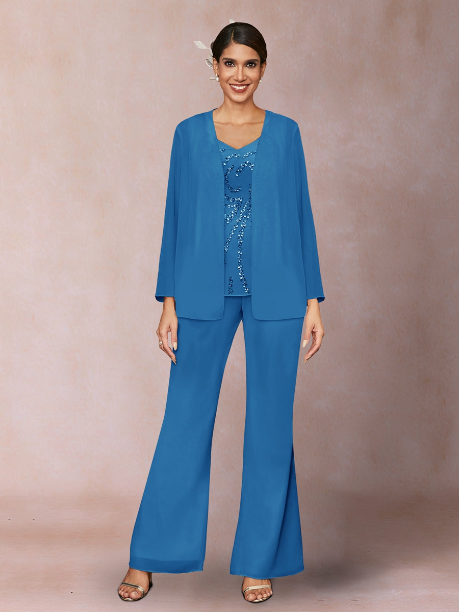 Chiffon Pailletten V-Ausschnitt Lange Ärmel 3-teiliger Hosenanzug mit Jacke