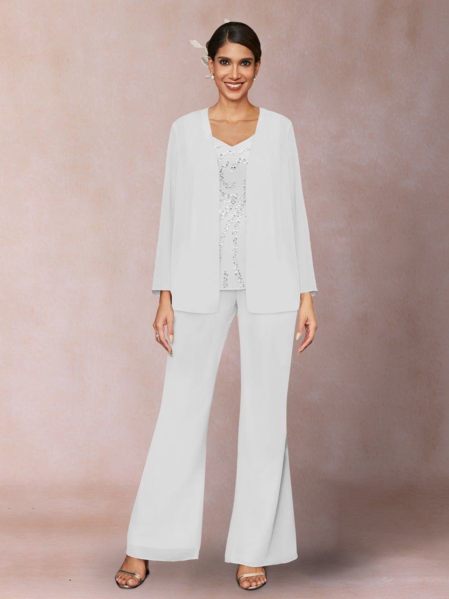 Chiffon Pailletten V-Ausschnitt Lange Ärmel 3-teiliger Hosenanzug mit Jacke