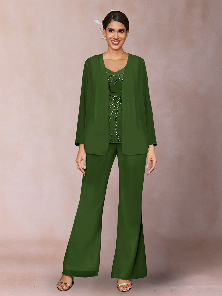 Chiffon Pailletten V-Ausschnitt Lange Ärmel 3-teiliger Hosenanzug mit Jacke