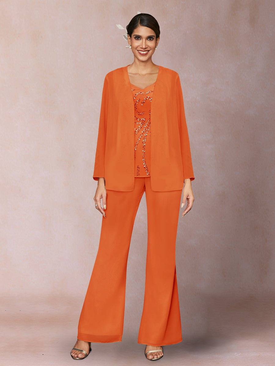 Chiffon Pailletten V-Ausschnitt Lange Ärmel 3-teiliger Hosenanzug mit Jacke