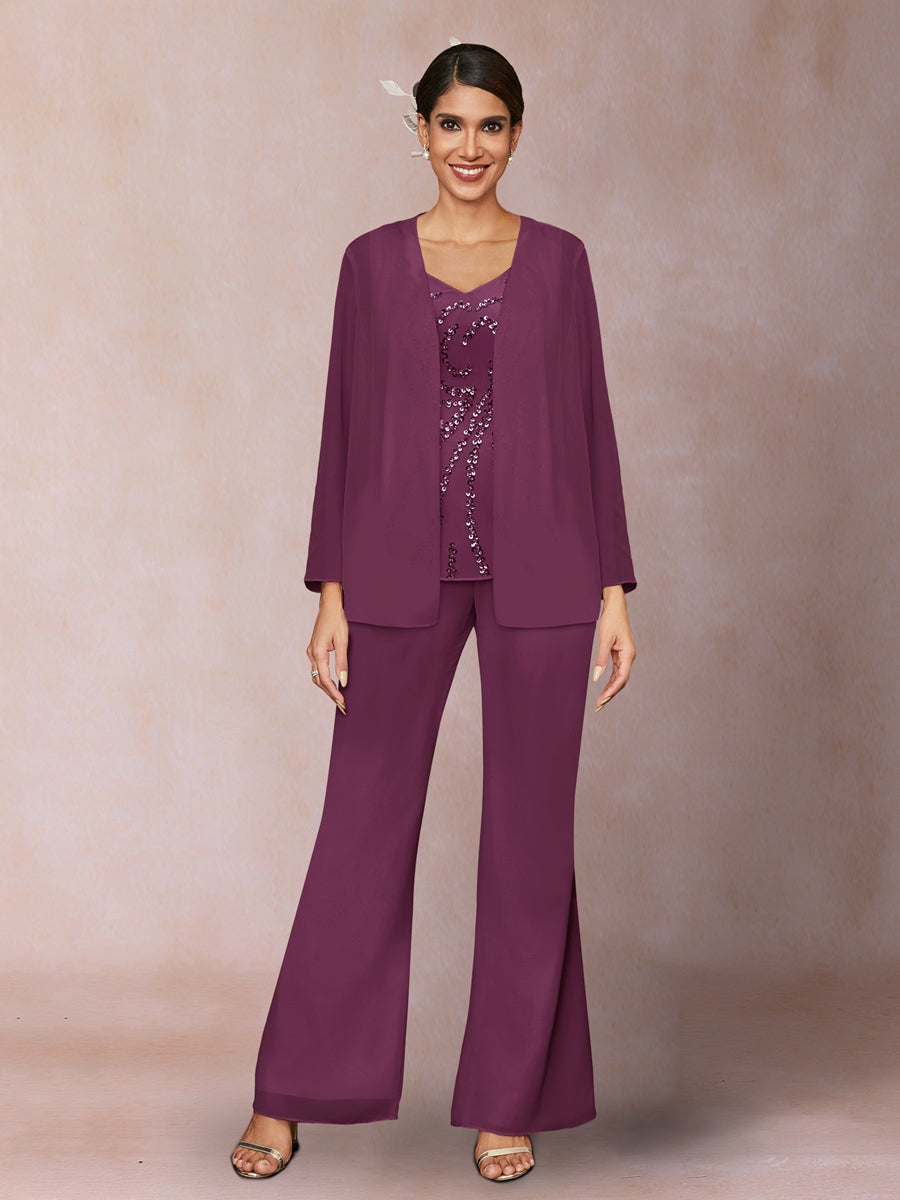 Chiffon Pailletten V-Ausschnitt Lange Ärmel 3-teiliger Hosenanzug mit Jacke