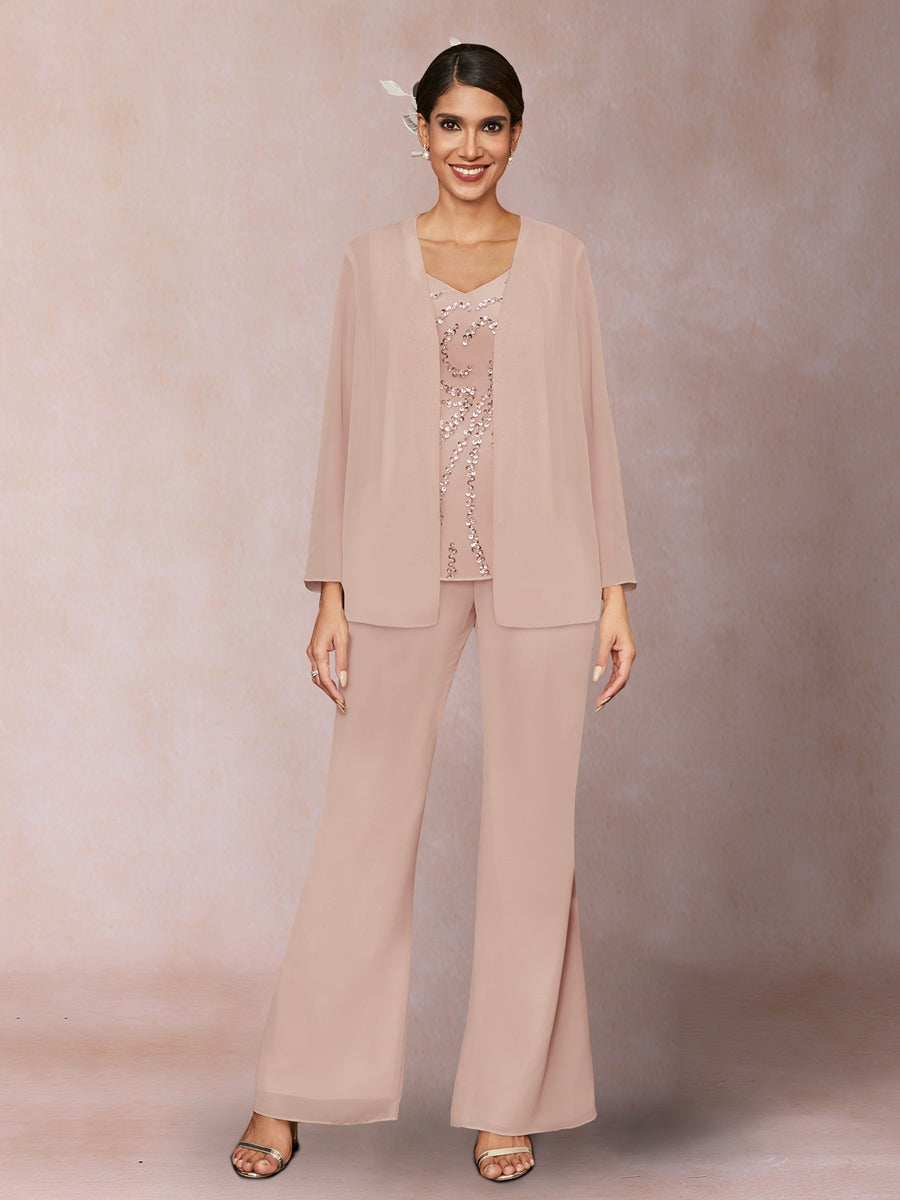 Chiffon Pailletten V-Ausschnitt Lange Ärmel 3-teiliger Hosenanzug mit Jacke