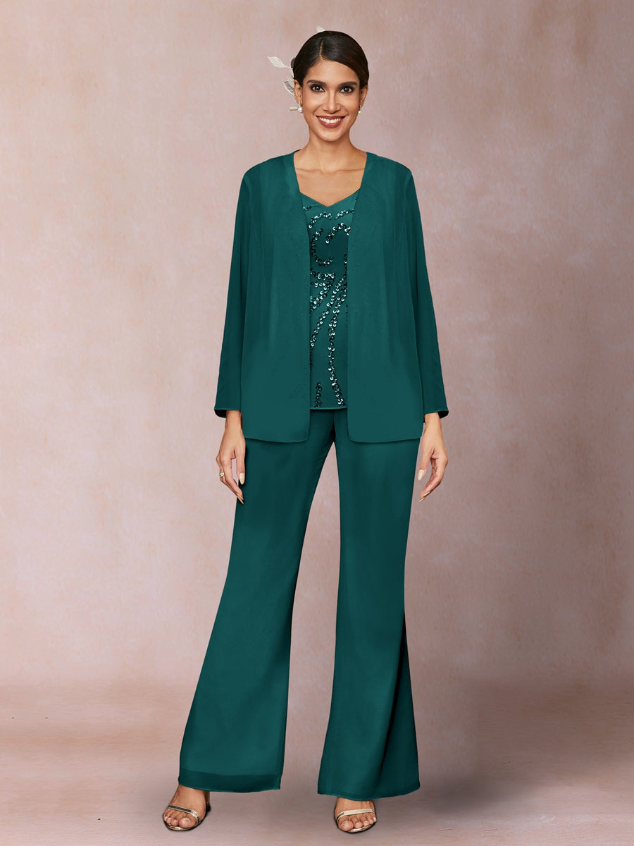 Chiffon Pailletten V-Ausschnitt Lange Ärmel 3-teiliger Hosenanzug mit Jacke