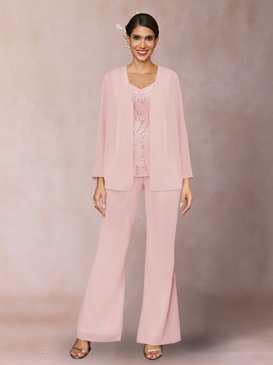 Chiffon Pailletten V-Ausschnitt Lange Ärmel 3-teiliger Hosenanzug mit Jacke