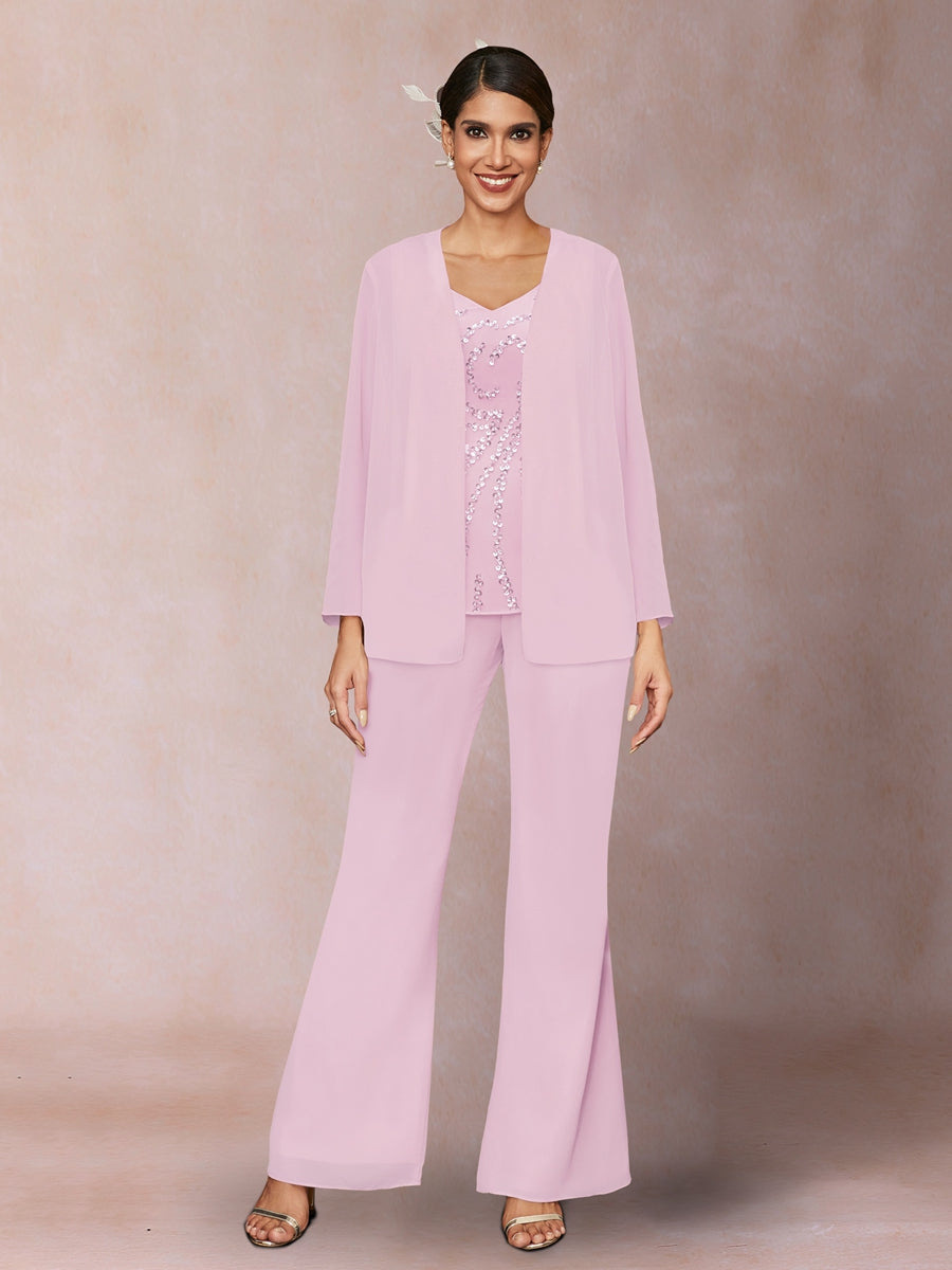 Chiffon Pailletten V-Ausschnitt Lange Ärmel 3-teiliger Hosenanzug mit Jacke