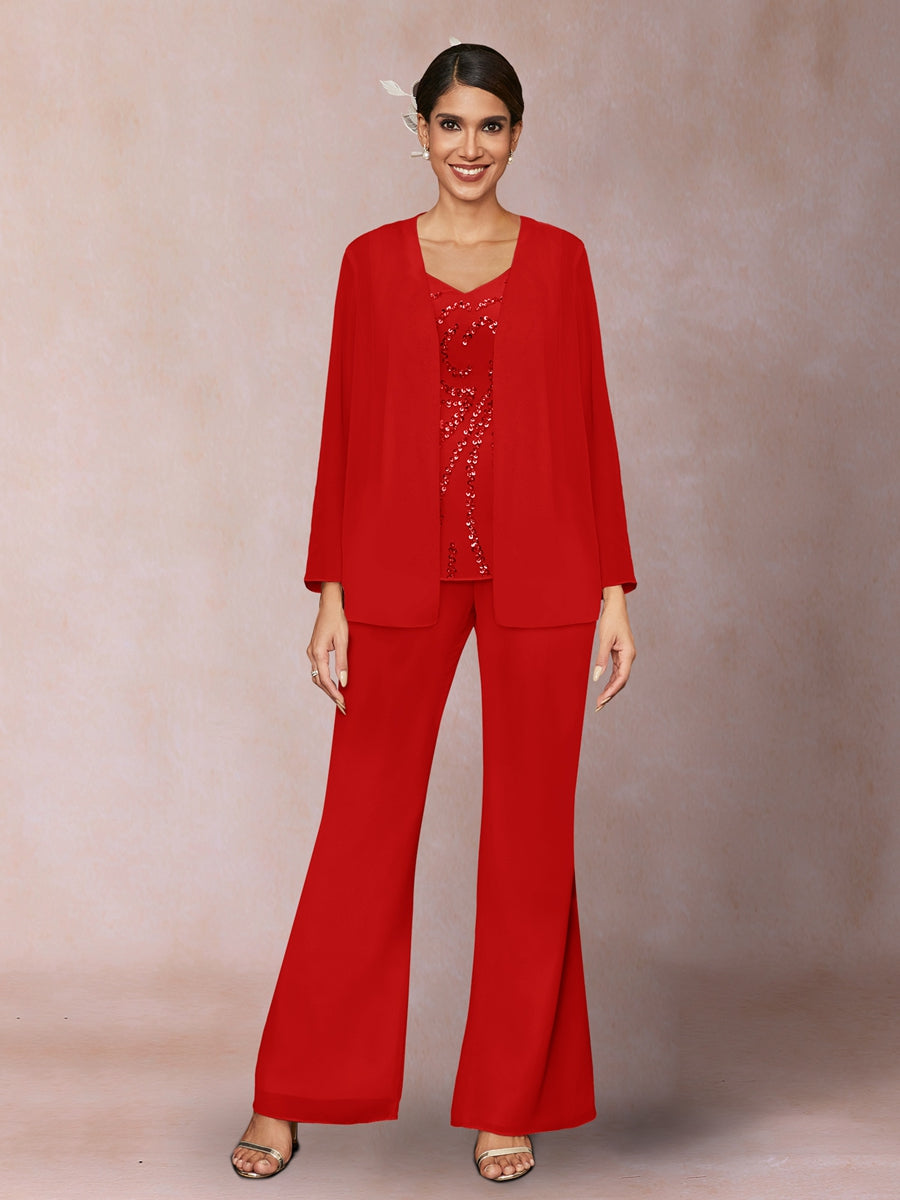 Chiffon Pailletten V-Ausschnitt Lange Ärmel 3-teiliger Hosenanzug mit Jacke