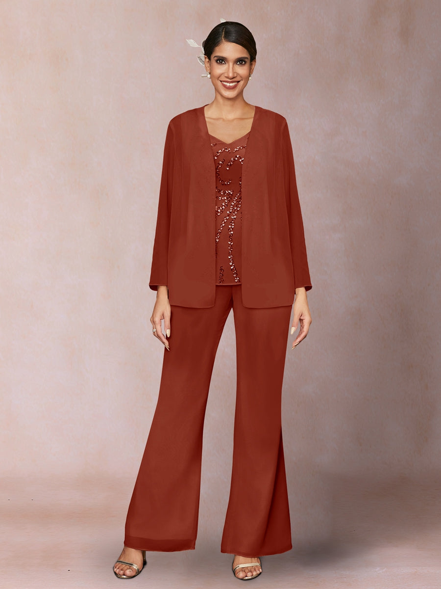 Chiffon Pailletten V-Ausschnitt Lange Ärmel 3-teiliger Hosenanzug mit Jacke