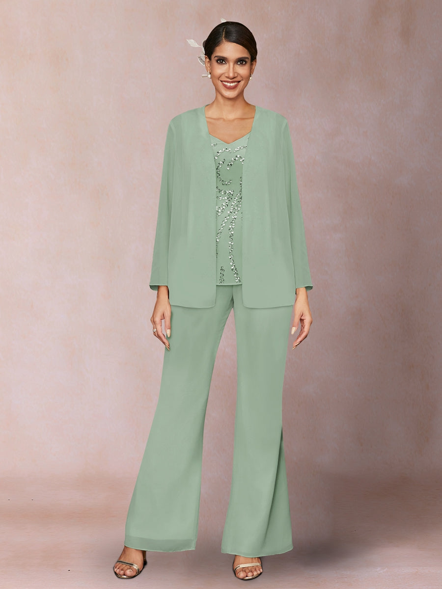 Chiffon Pailletten V-Ausschnitt Lange Ärmel 3-teiliger Hosenanzug mit Jacke