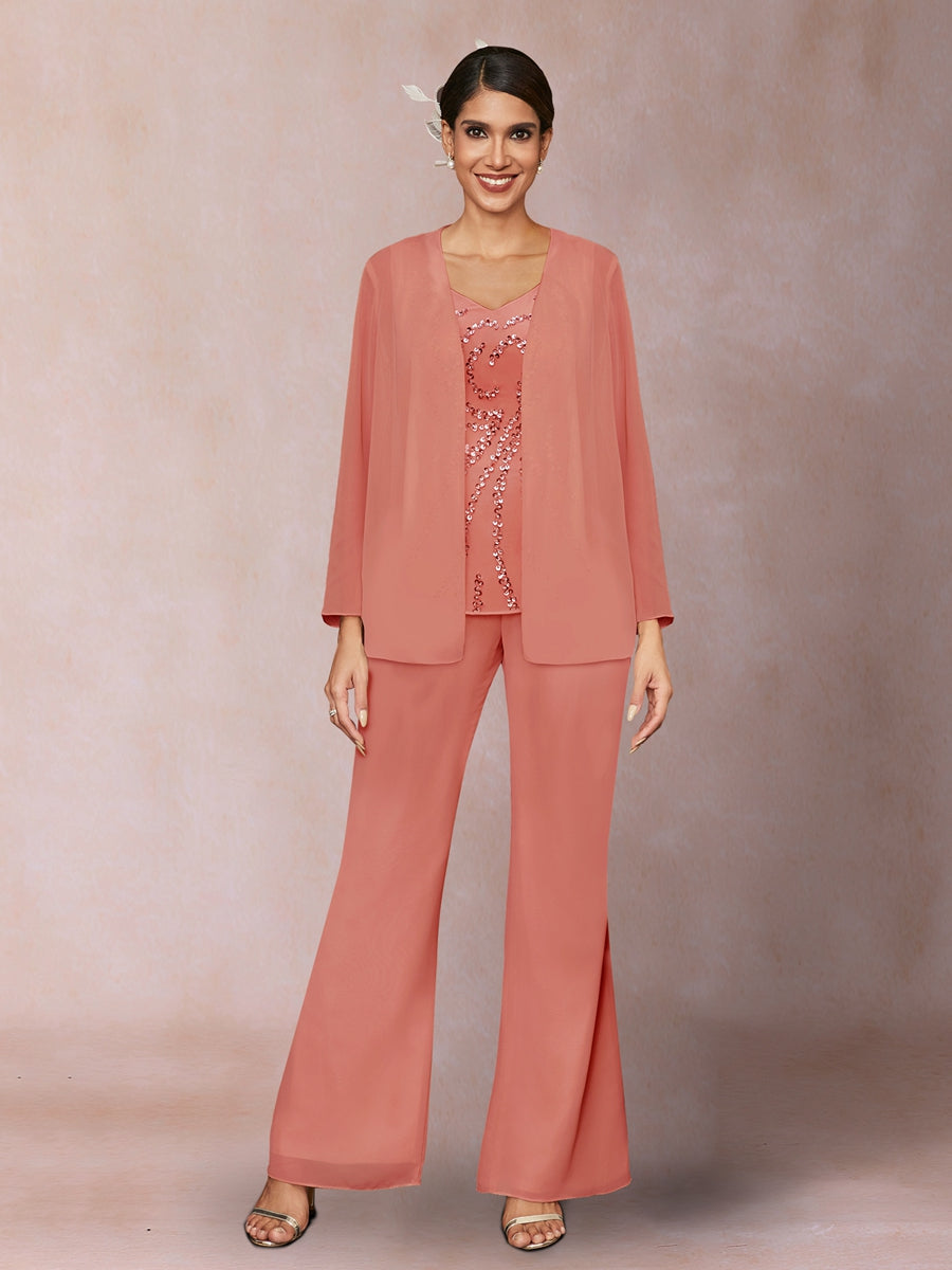 Chiffon Pailletten V-Ausschnitt Lange Ärmel 3-teiliger Hosenanzug mit Jacke