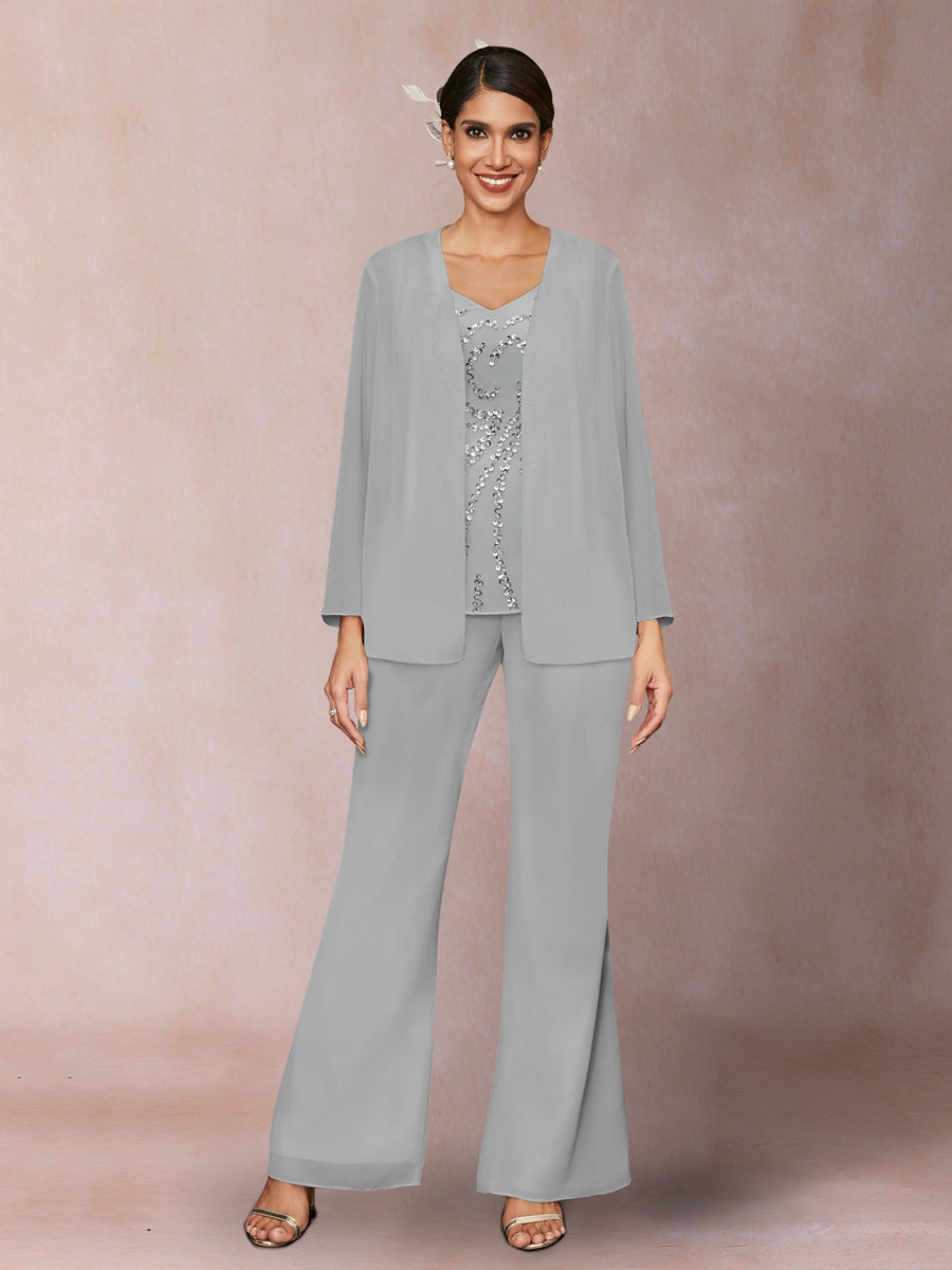 Chiffon Pailletten V-Ausschnitt Lange Ärmel 3-teiliger Hosenanzug mit Jacke
