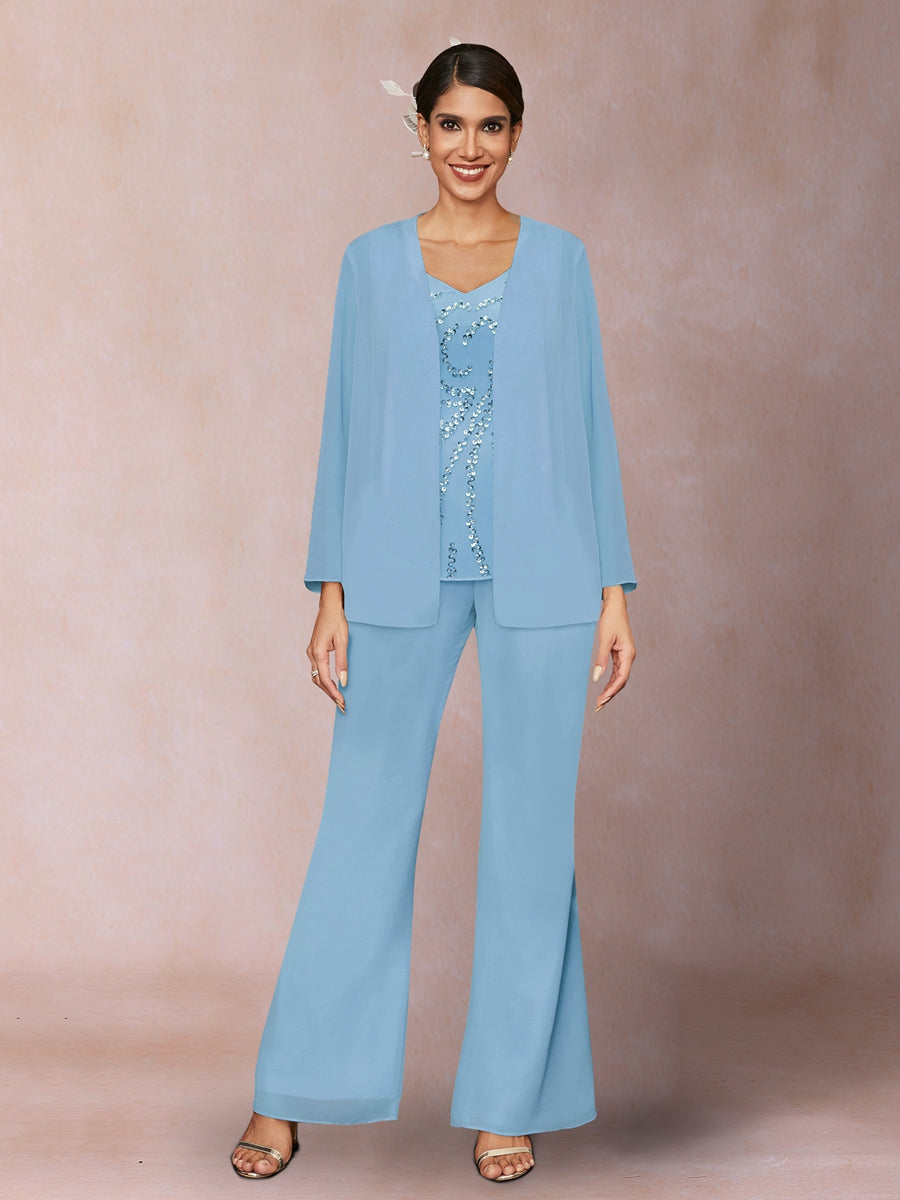 Chiffon Pailletten V-Ausschnitt Lange Ärmel 3-teiliger Hosenanzug mit Jacke