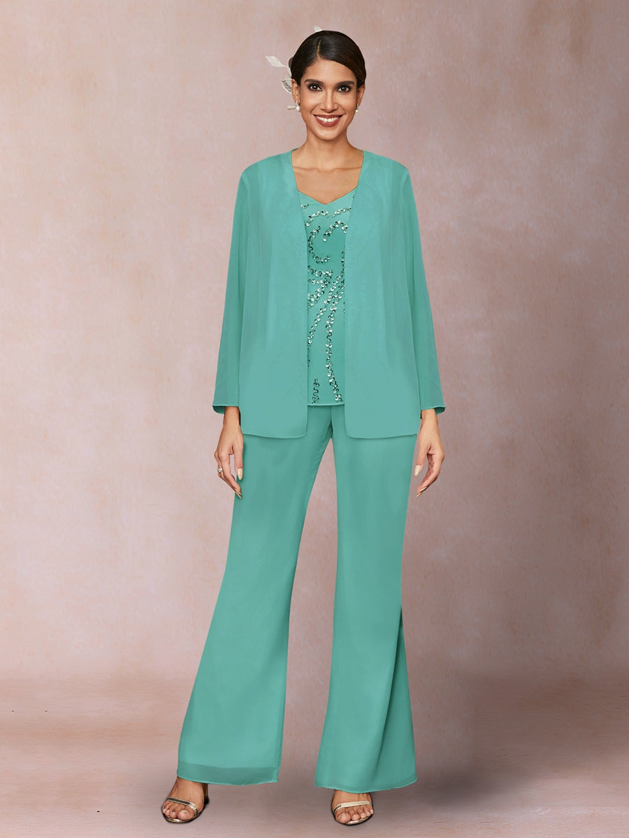Chiffon Pailletten V-Ausschnitt Lange Ärmel 3-teiliger Hosenanzug mit Jacke