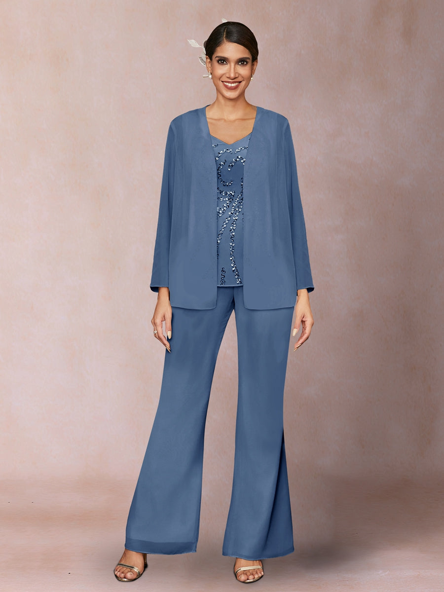 Chiffon Pailletten V-Ausschnitt Lange Ärmel 3-teiliger Hosenanzug mit Jacke