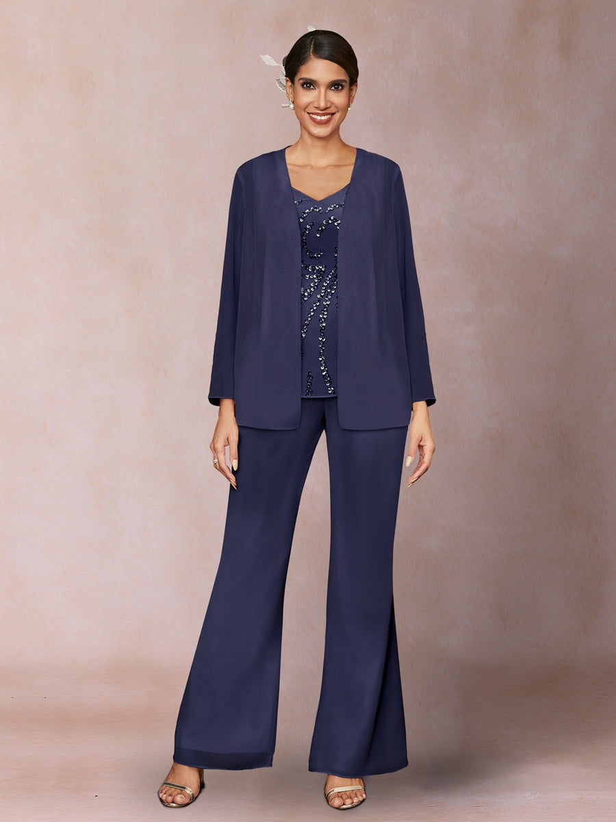 Chiffon Pailletten V-Ausschnitt Lange Ärmel 3-teiliger Hosenanzug mit Jacke