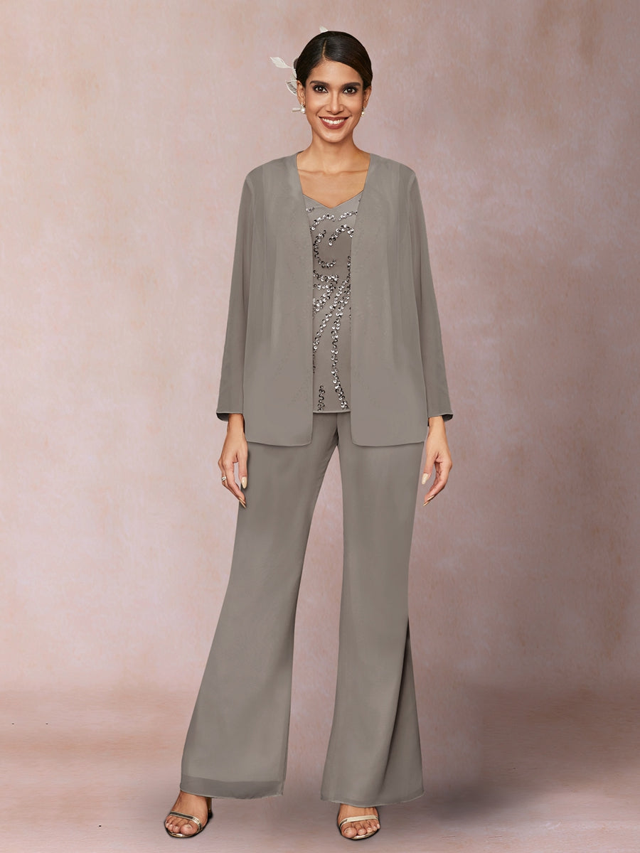 Chiffon Pailletten V-Ausschnitt Lange Ärmel 3-teiliger Hosenanzug mit Jacke