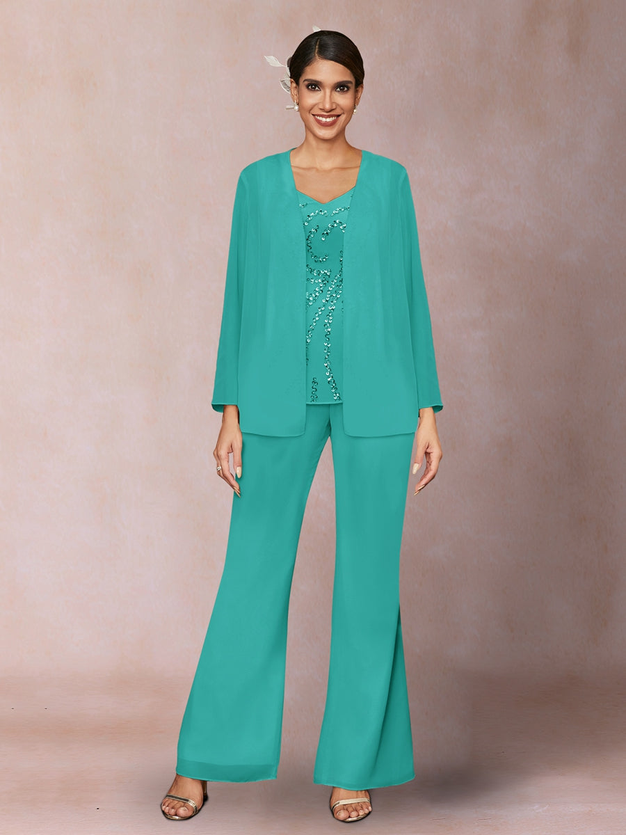 Chiffon Pailletten V-Ausschnitt Lange Ärmel 3-teiliger Hosenanzug mit Jacke