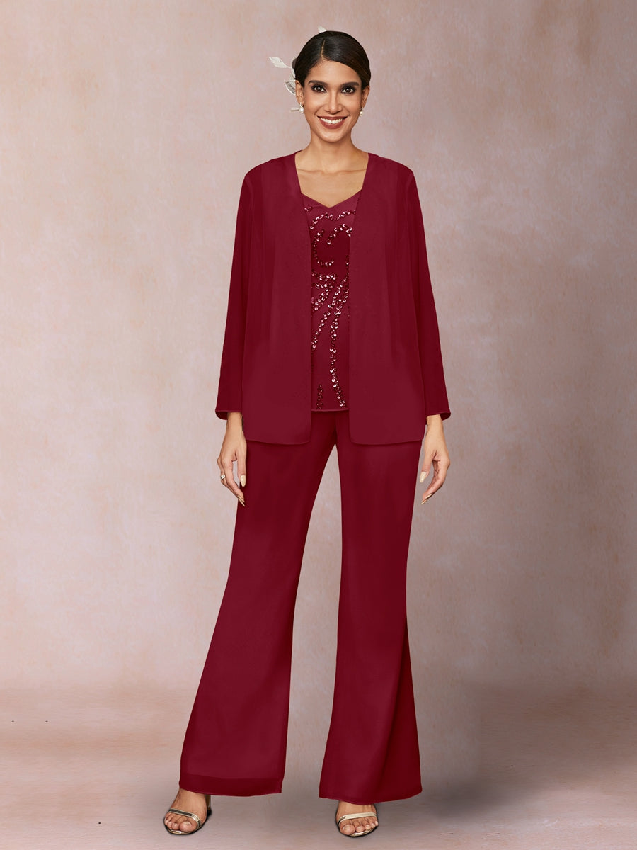 Chiffon Pailletten V-Ausschnitt Lange Ärmel 3-teiliger Hosenanzug mit Jacke