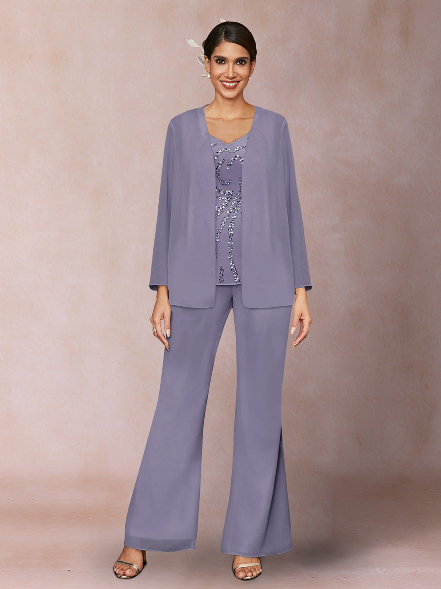 Chiffon Pailletten V-Ausschnitt Lange Ärmel 3-teiliger Hosenanzug mit Jacke