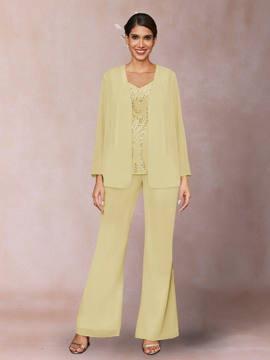 Chiffon Pailletten V-Ausschnitt Lange Ärmel 3-teiliger Hosenanzug mit Jacke
