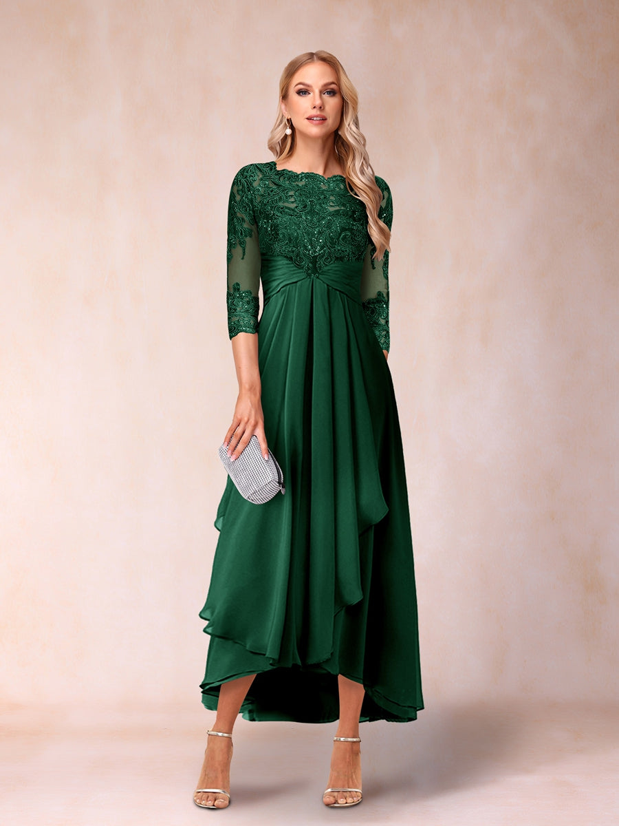 A-Linie/Princess-Linie, transparenter Hals, 3/4-Ärmel, lange formelle Abendkleider mit Perlen und Applikationen