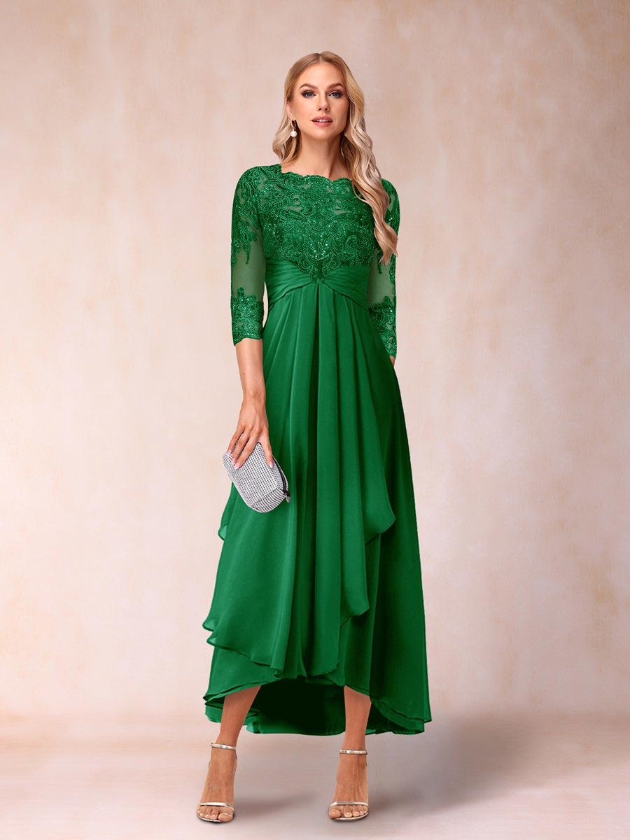 A-Linie/Princess-Linie, transparenter Hals, 3/4-Ärmel, lange formelle Abendkleider mit Perlen und Applikationen