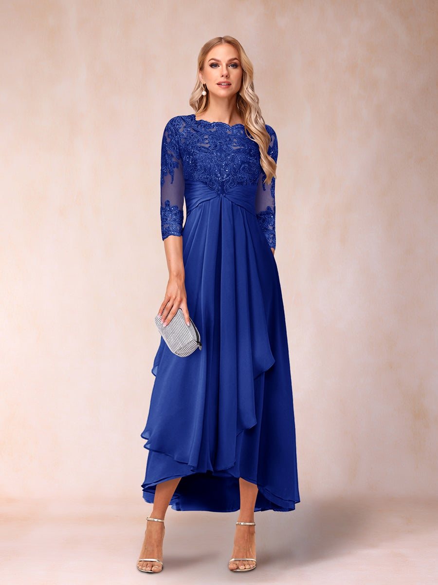 A-Linie/Princess-Linie, transparenter Hals, 3/4-Ärmel, lange formelle Abendkleider mit Perlen und Applikationen