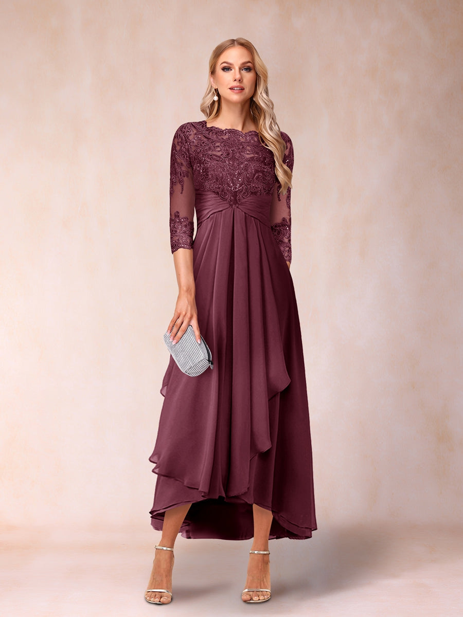 A-Linie/Princess-Linie, transparenter Hals, 3/4-Ärmel, lange formelle Abendkleider mit Perlen und Applikationen