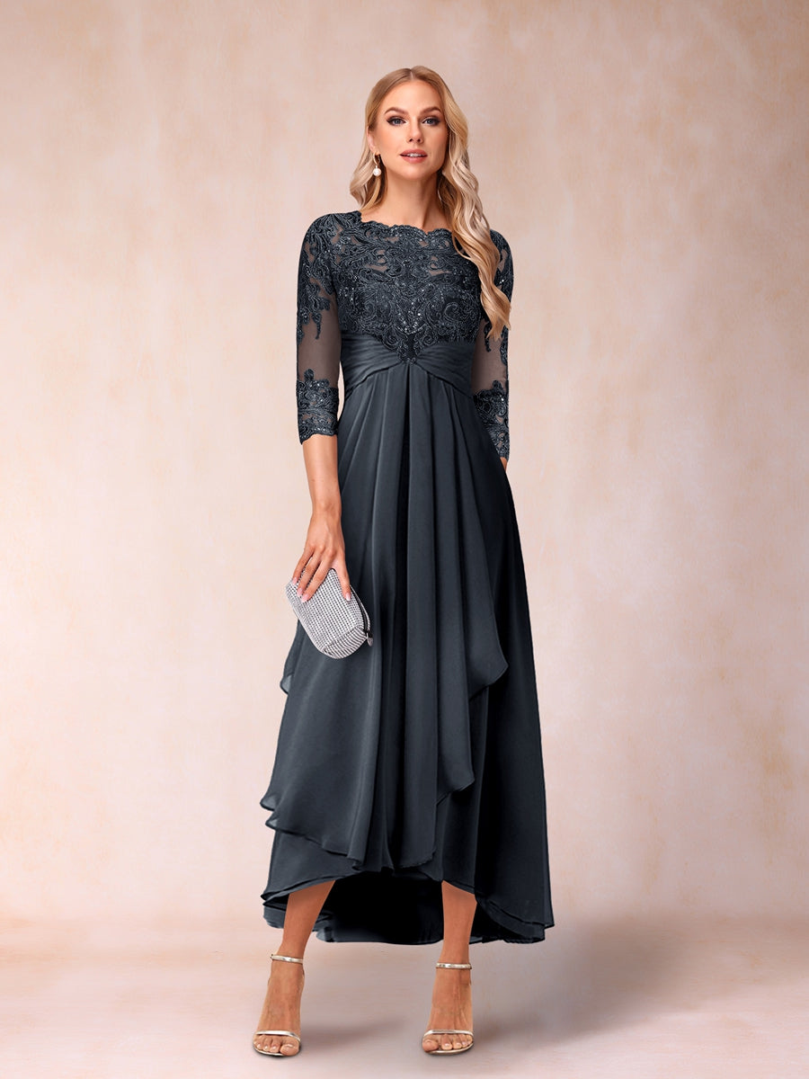 A-Linie/Princess-Linie, transparenter Hals, 3/4-Ärmel, lange formelle Abendkleider mit Perlen und Applikationen