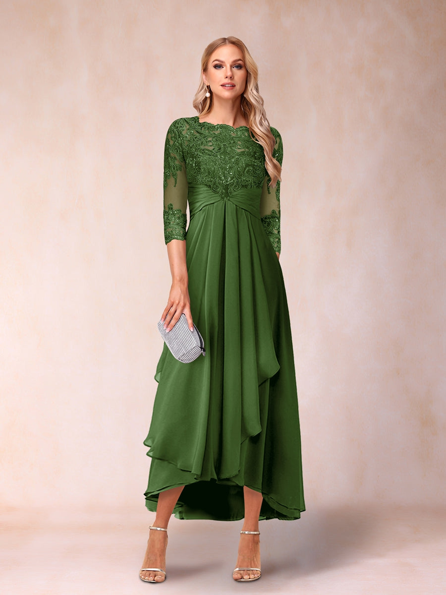 A-Linie/Princess-Linie, transparenter Hals, 3/4-Ärmel, lange formelle Abendkleider mit Perlen und Applikationen