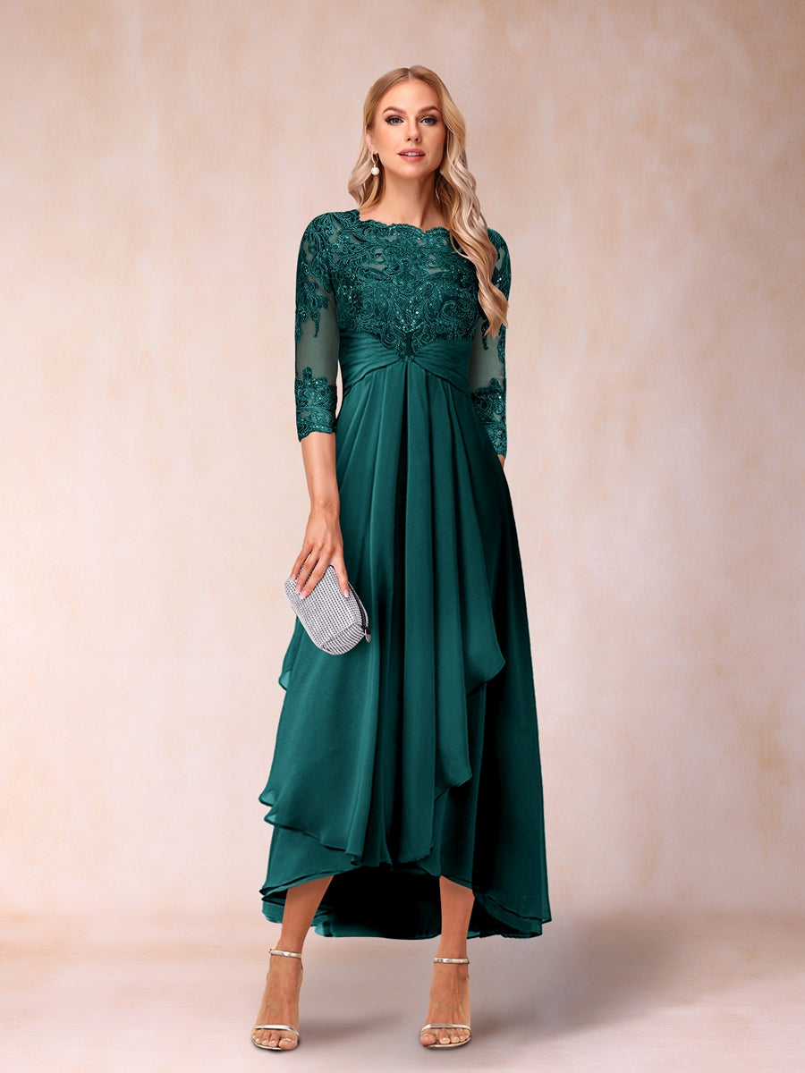 A-Linie/Princess-Linie, transparenter Hals, 3/4-Ärmel, lange formelle Abendkleider mit Perlen und Applikationen