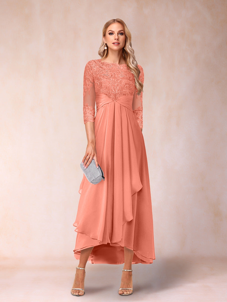 A-Linie/Princess-Linie, transparenter Hals, 3/4-Ärmel, lange formelle Abendkleider mit Perlen und Applikationen