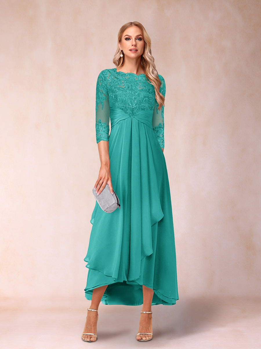 A-Linie/Princess-Linie, transparenter Hals, 3/4-Ärmel, lange formelle Abendkleider mit Perlen und Applikationen