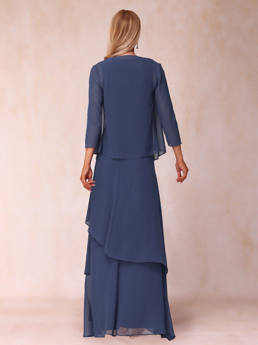 A-Linie/Princess-Linie, U-Ausschnitt, bodenlang, gerüscht, Kleider für die Brautmutter mit Rüschen und Jacke