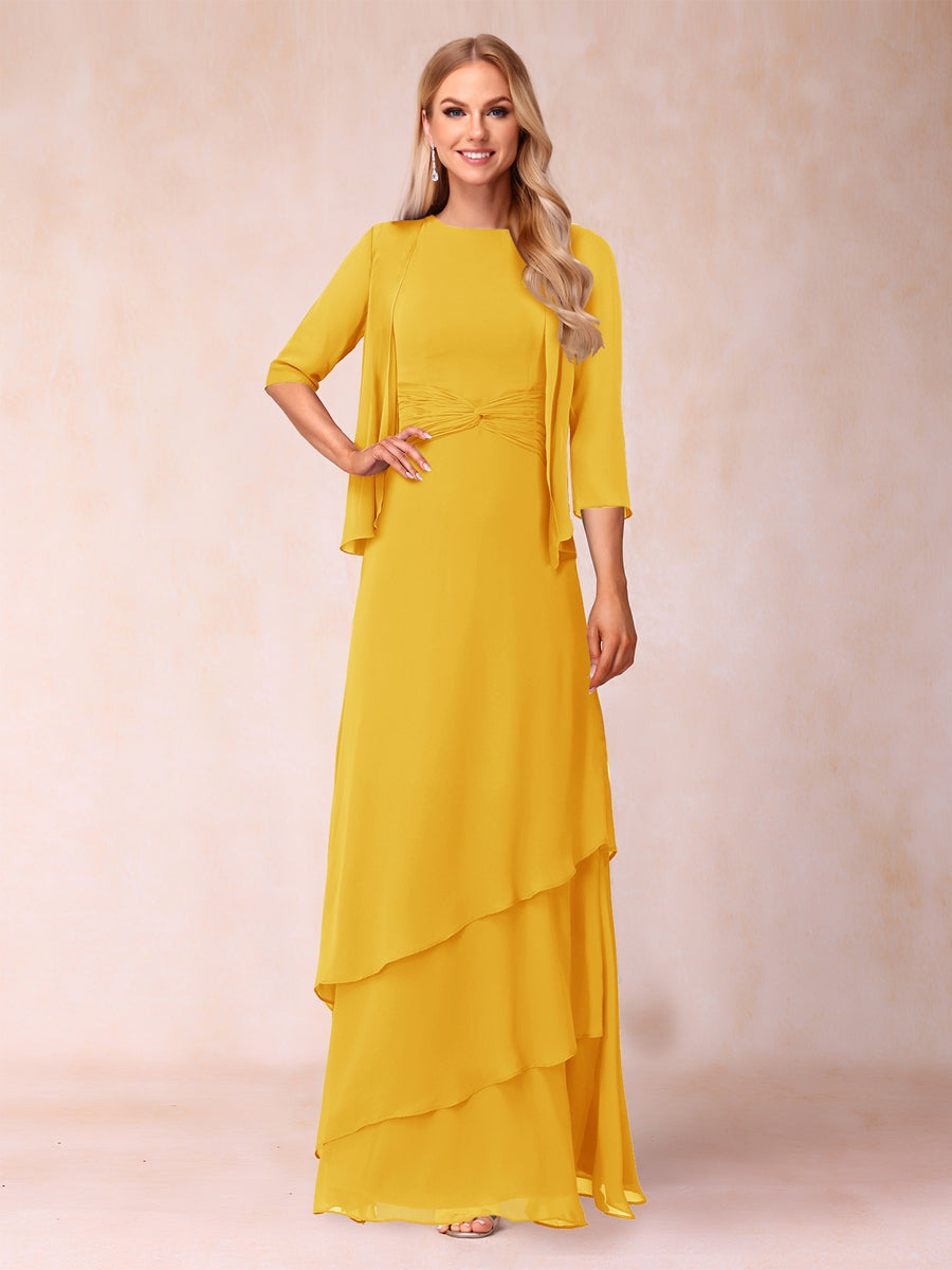 A-Linie/Princess-Linie, U-Ausschnitt, bodenlang, gerüscht, Kleider für die Brautmutter mit Rüschen und Jacke