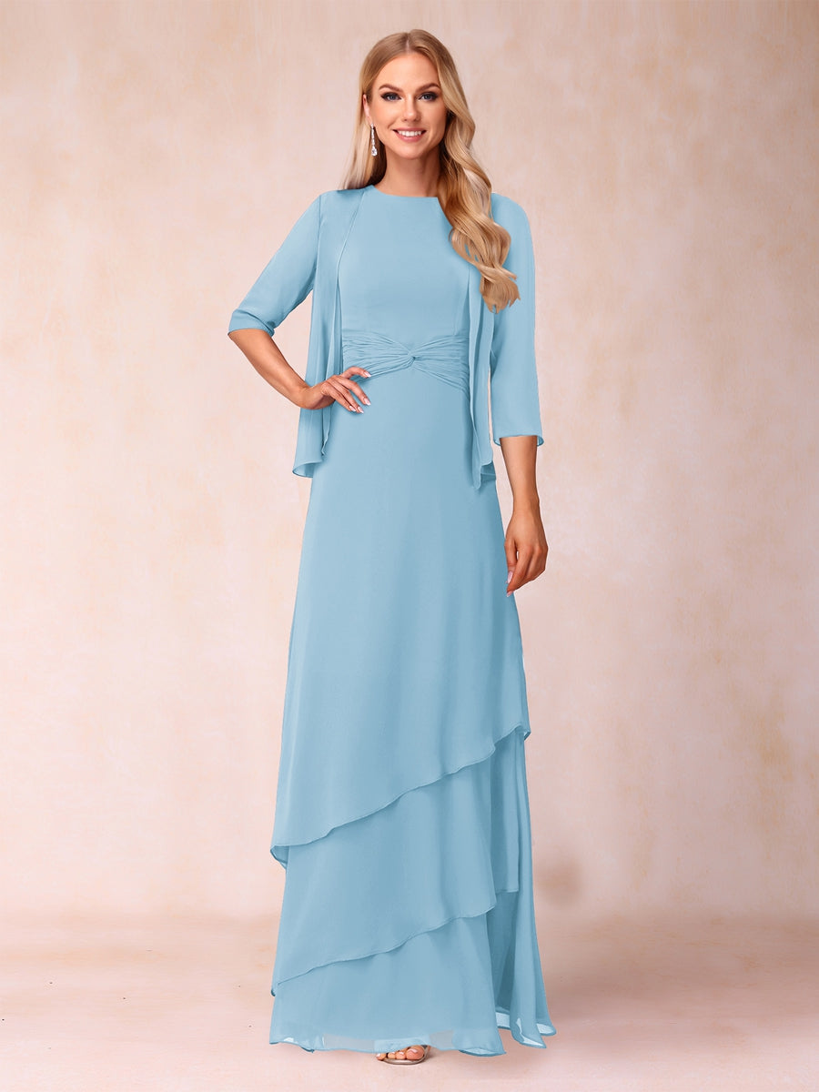 A-Linie/Princess-Linie, U-Ausschnitt, bodenlang, gerüscht, Kleider für die Brautmutter mit Rüschen und Jacke