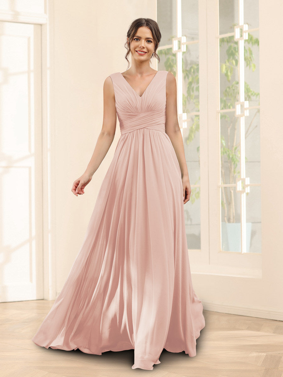 A-Linie V-Ausschnitt Ärmelloses Chiffon Brautjungfernkleid mit Taschen