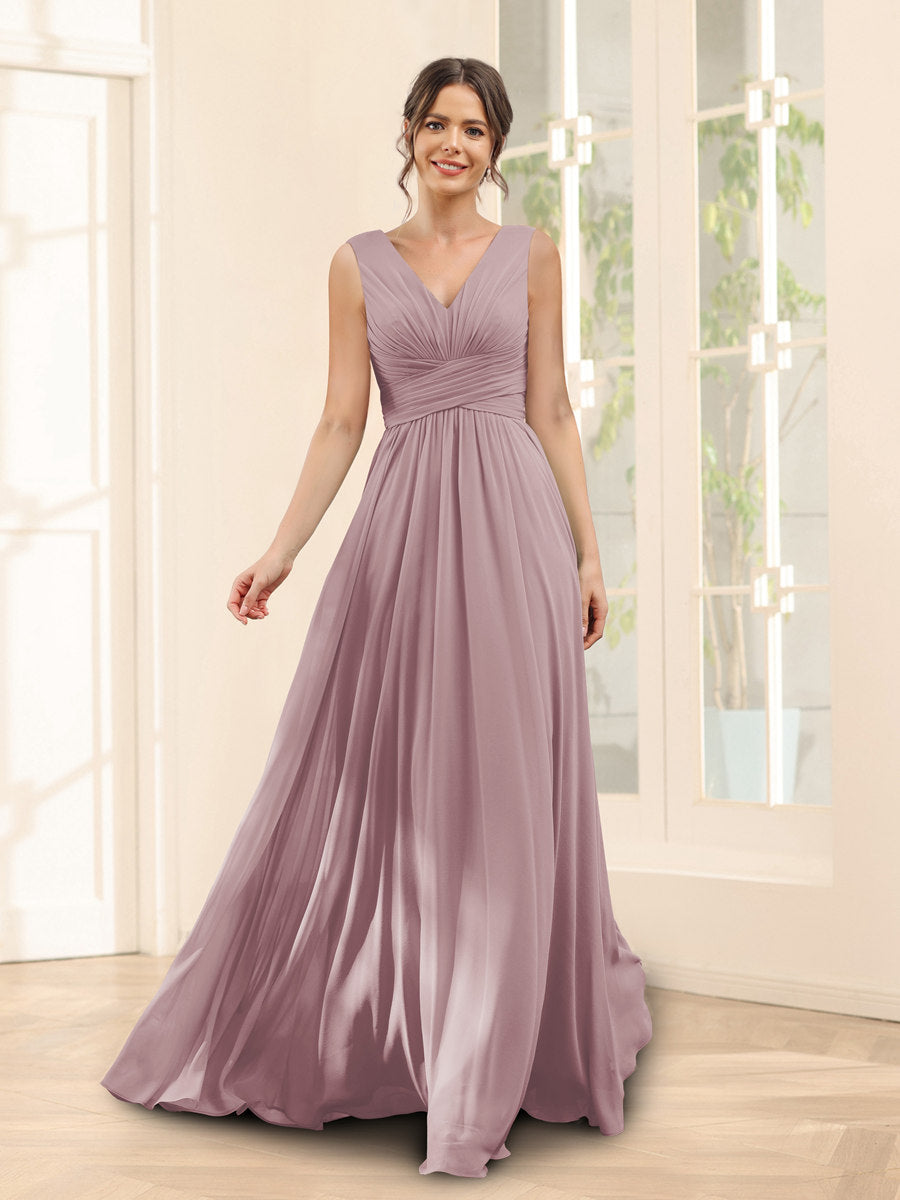 A-Linie V-Ausschnitt Ärmelloses Chiffon Brautjungfernkleid mit Taschen
