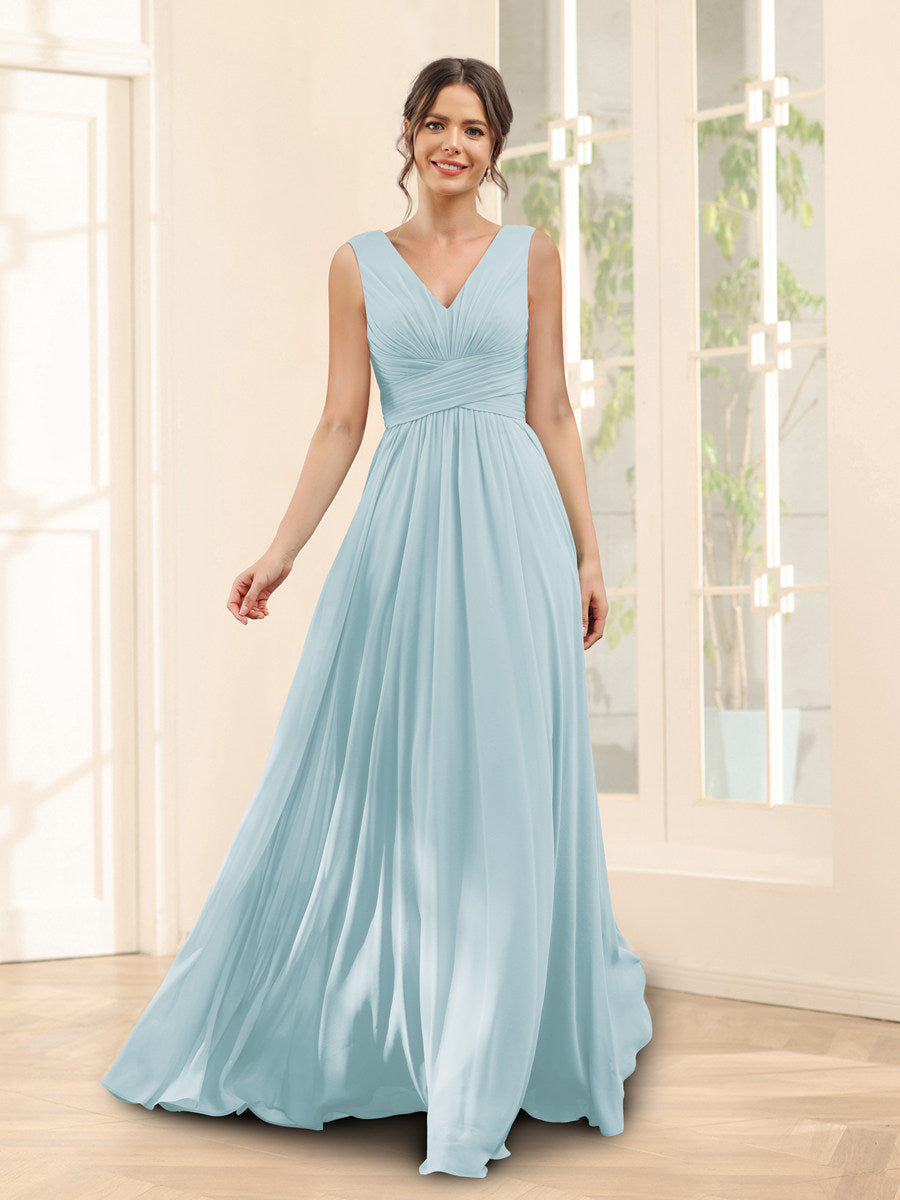 A-Linie V-Ausschnitt Ärmelloses Chiffon Brautjungfernkleid mit Taschen