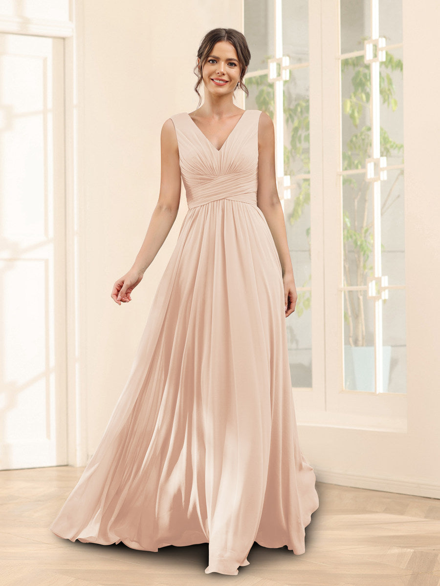 A-Linie V-Ausschnitt Ärmelloses Chiffon Brautjungfernkleid mit Taschen