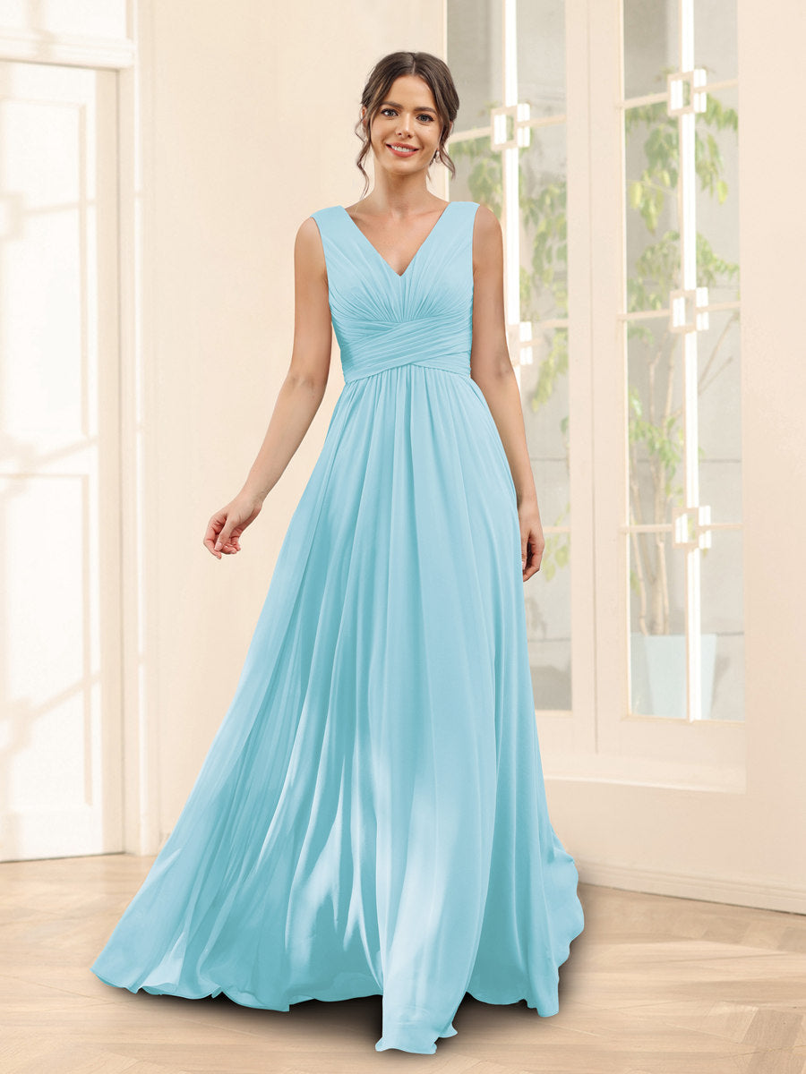 A-Linie V-Ausschnitt Ärmelloses Chiffon Brautjungfernkleid mit Taschen