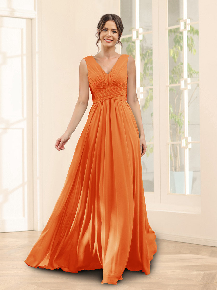 A-Linie V-Ausschnitt Ärmelloses Chiffon Brautjungfernkleid mit Taschen