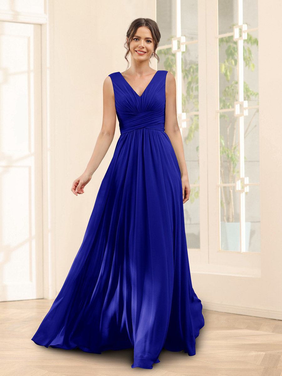 A-Linie V-Ausschnitt Ärmelloses Chiffon Brautjungfernkleid mit Taschen