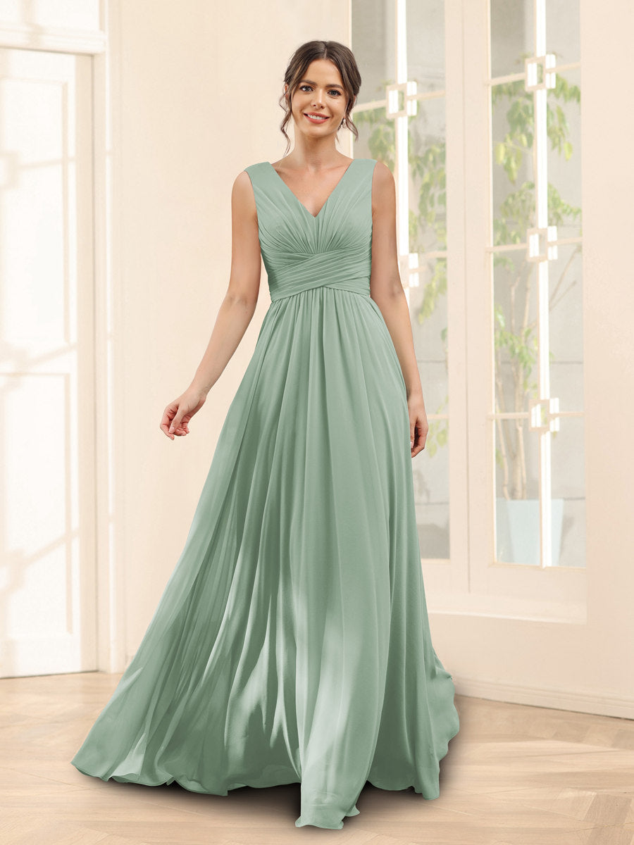 A-Linie V-Ausschnitt Ärmelloses Chiffon Brautjungfernkleid mit Taschen