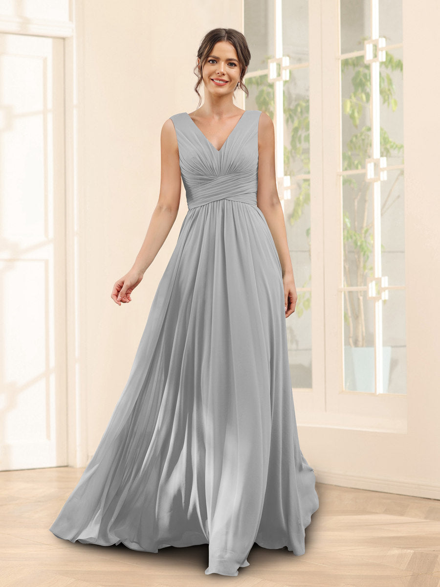 A-Linie V-Ausschnitt Ärmelloses Chiffon Brautjungfernkleid mit Taschen