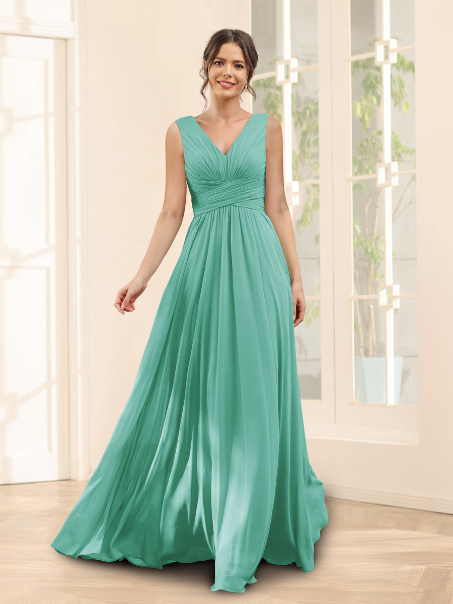 A-Linie V-Ausschnitt Ärmelloses Chiffon Brautjungfernkleid mit Taschen