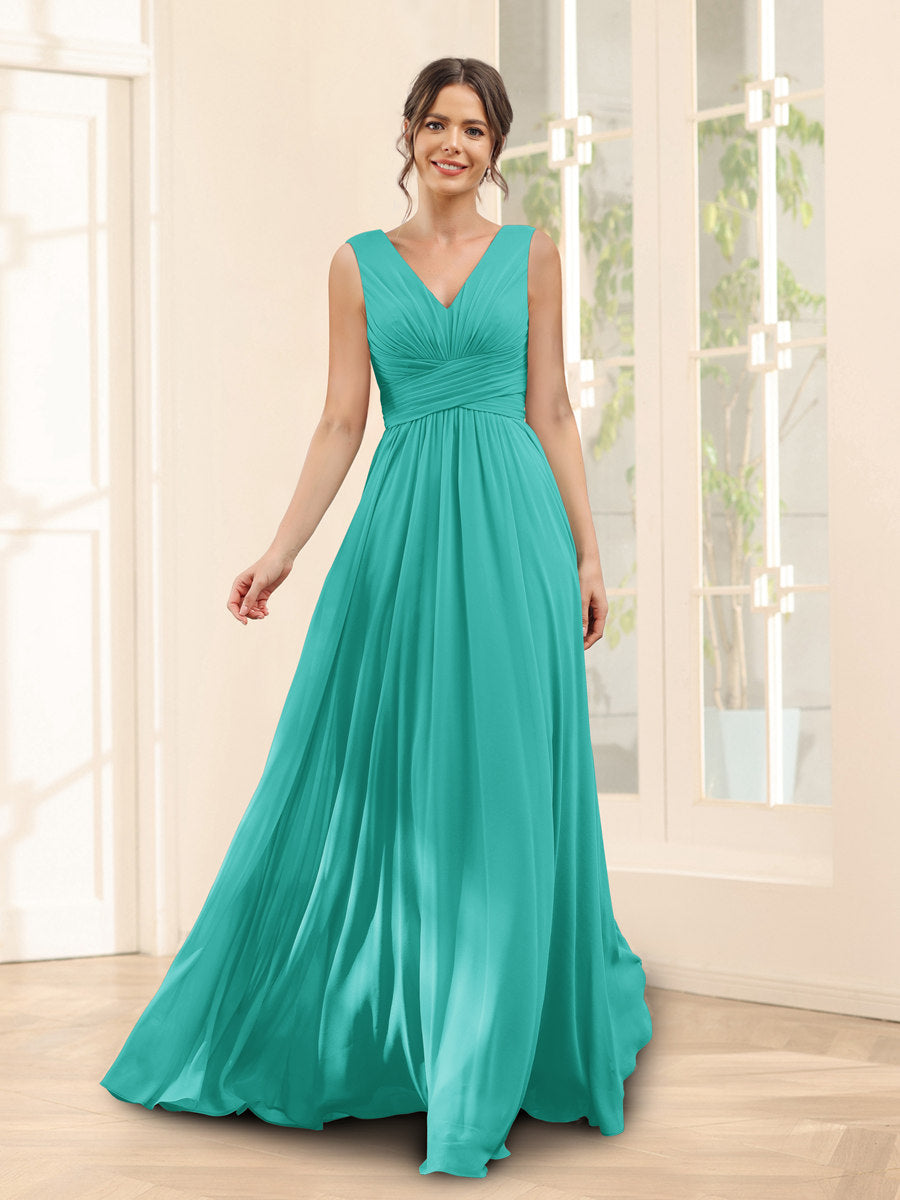 A-Linie V-Ausschnitt Ärmelloses Chiffon Brautjungfernkleid mit Taschen