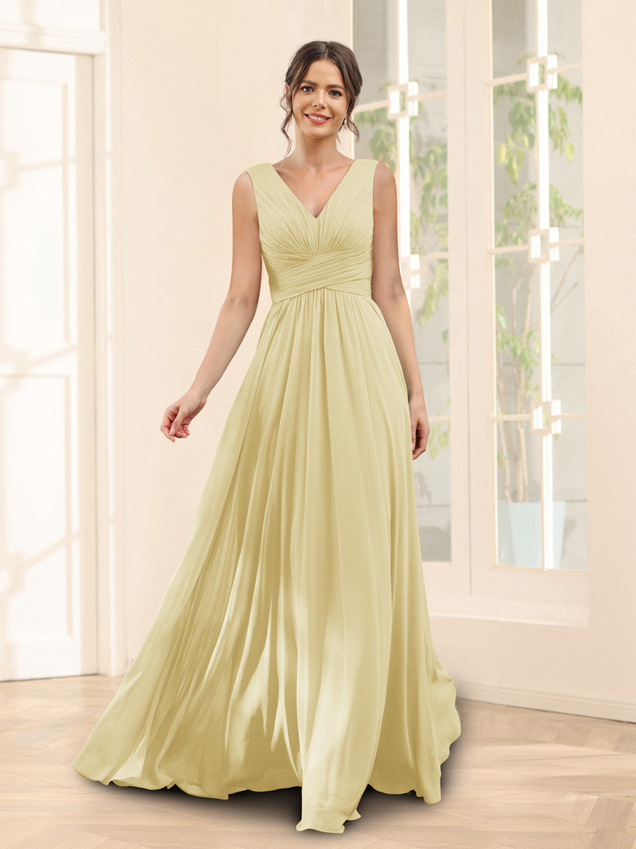 A-Linie V-Ausschnitt Ärmelloses Chiffon Brautjungfernkleid mit Taschen