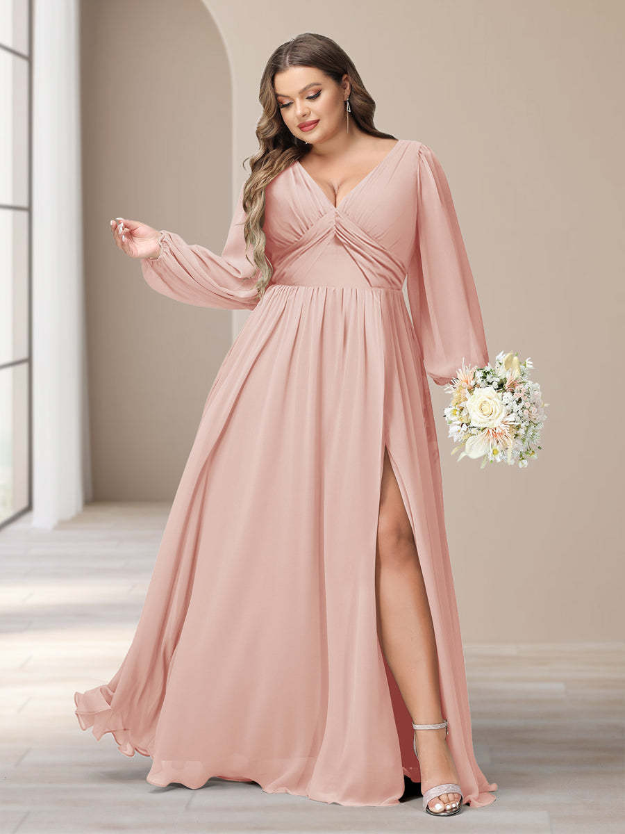 A-Linie/Princess-Linie V-Ausschnitt Lange Ärmel Chiffon Lange Große Größen Brautjungfernkleider Mit Schlitz Seitlich