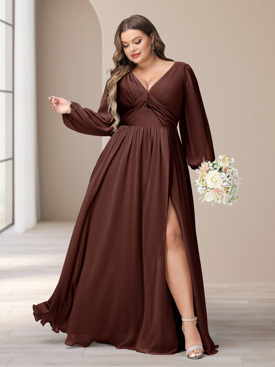 A-Linie/Princess-Linie V-Ausschnitt Lange Ärmel Chiffon Lange Große Größen Brautjungfernkleider Mit Schlitz Seitlich