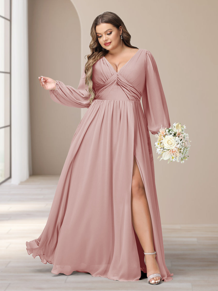 A-Linie/Princess-Linie V-Ausschnitt Lange Ärmel Chiffon Lange Große Größen Brautjungfernkleider Mit Schlitz Seitlich